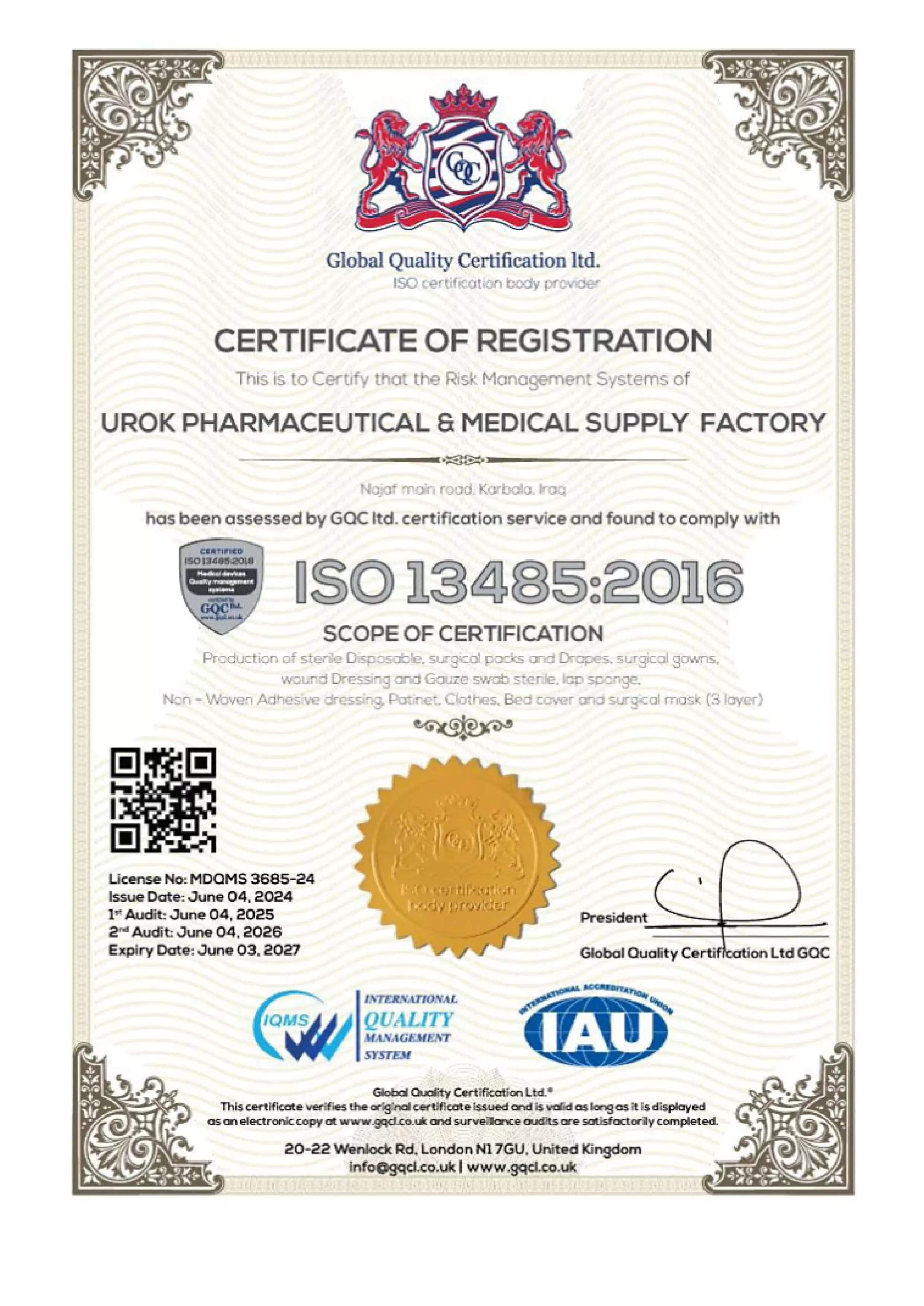 Certificat Medical Devices Quality Management Systems Urok Pharma Iraq ISO-13485 Certificat Medical Devices Quality Management Systems Urok Pharma Iraq ISO-13485